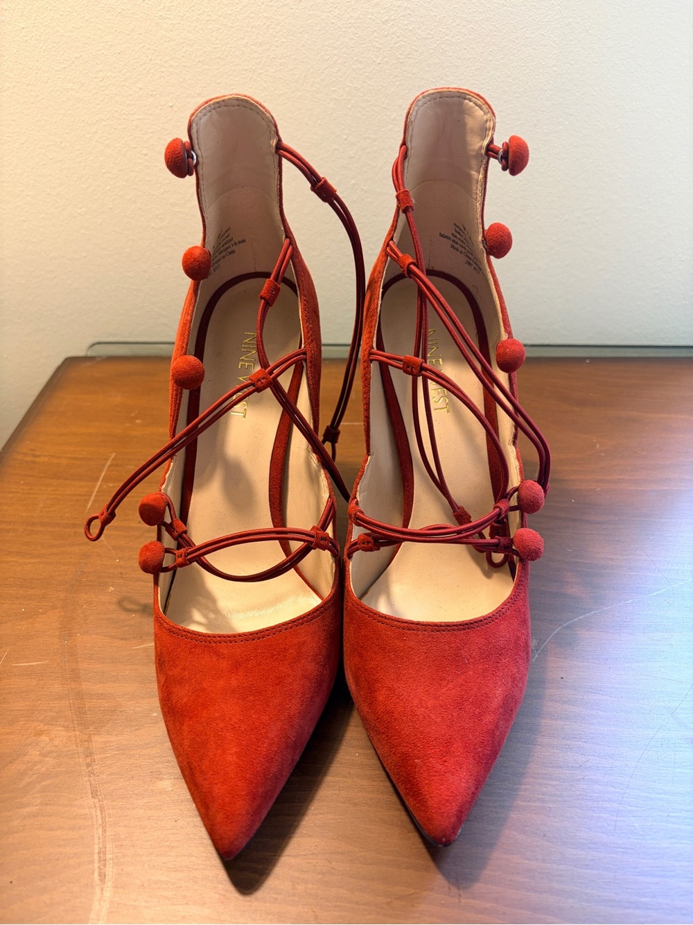 Nine West Red Suede Pointed Toe Pom Lace-Up Heels